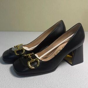 Gucci Black Leather Heels with Gold Buckle